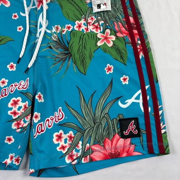 Atlanta Braves Hurley Board Shorts Mens Size 32 Blue Floral Bathing Suit MLB NEW - Picture 2 of 12